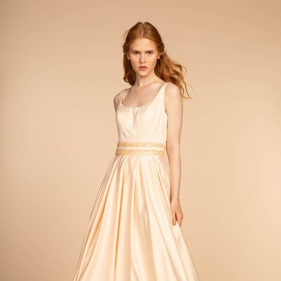 GLS Collective Dresses & Skirts - NEW LONG SLEEVELESS A-LINE SATIN DRESS WITH SCOOP NECKLINE AND SHEER BACK GL2531